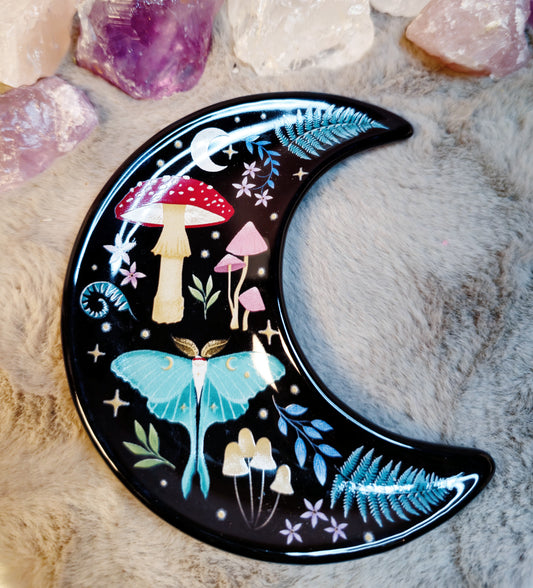 Mystische Mondsichel-Schale – Waldzauber & Schmetterling – Schmuckablage & Kristallschale