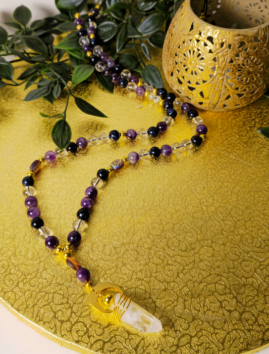 Edelsteinperlenkette „Mondlicht der Klarheit“ – Amethyst, Bergkristall & Blaufluss (Einzelstück)
