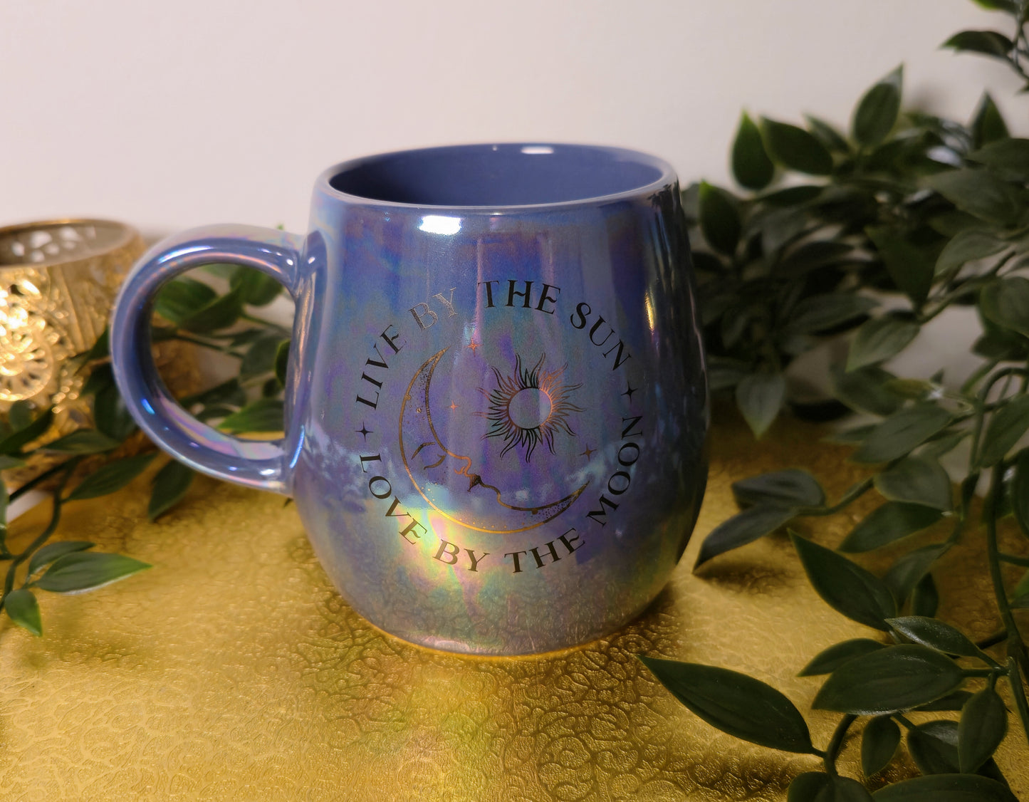 Schimmernde Sonne- & Mond-Tasse „Live by the Sun – Love by the Moon“ | Keramik Teetasse ca. 350 ml