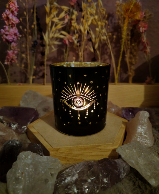 Mystisches Windlicht mit dem  Auge der Intuition – Schwarz . Magie im Kerzenschein