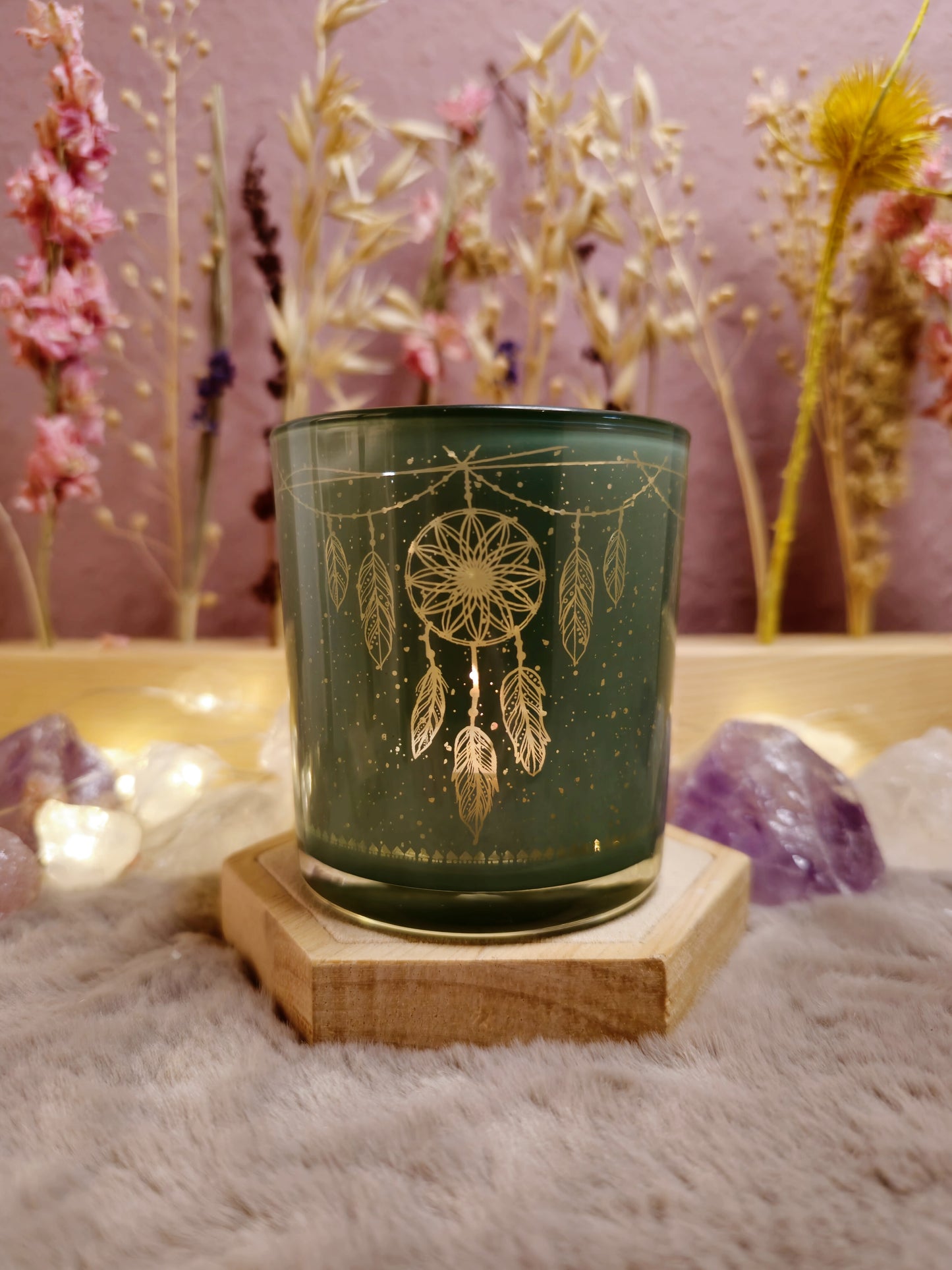 Mystisches Windlicht mit Traumfänger – Salbeigrün. Magie im Kerzenschein