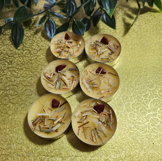 Spirituelles Teelicht Gelb mit Zitronengras & Geranie – Roter Jaspis & Zitronengras