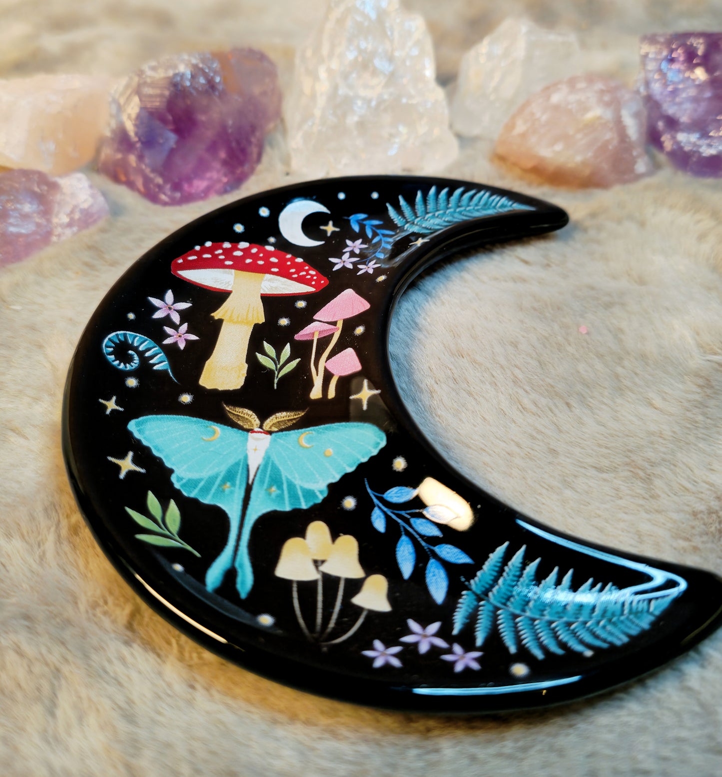 Mystische Mondsichel-Schale – Waldzauber & Schmetterling – Schmuckablage & Kristallschale