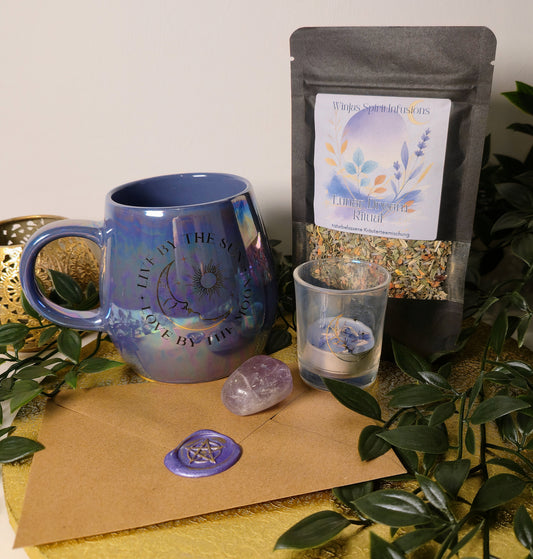 Lunar Dream Ritual Tee Set | Abendritual inkl. Tee und Tasse, Amethyst & Teelicht, mit Ritualanlbeschreibung – Ruhe & Entspannung