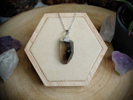 Edelsteinkette – Silbergalvanisierter Natursteinanhänger - Rauchquarz