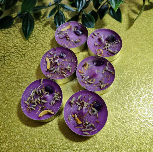 Spirituelles Teelicht Lila mit Lavendel & Orange – Amethyst & Orangenblüte